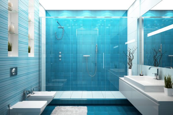 Modern blue bathroom in house